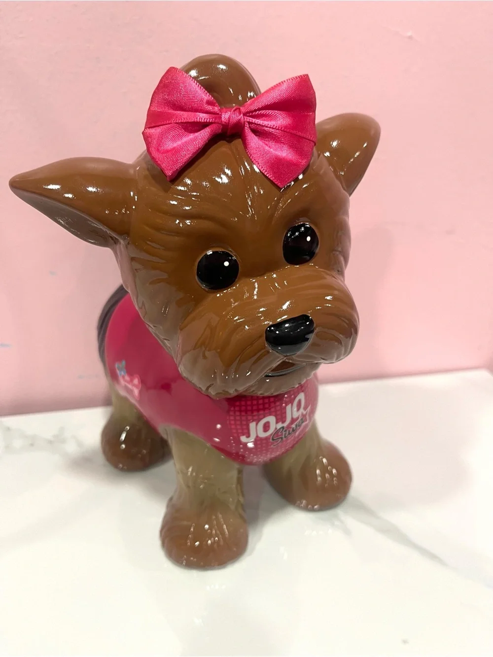 Jojo Brown & Black Dog Savings Bank with Red Outfit